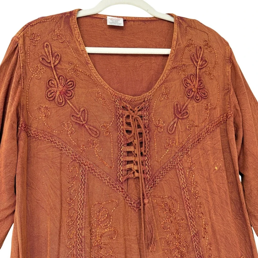 Naissha Womens Boho Maxi‎ Dress One Size Embroidered Lace Up Witchy Forest Fairy - Picture 6 of 13